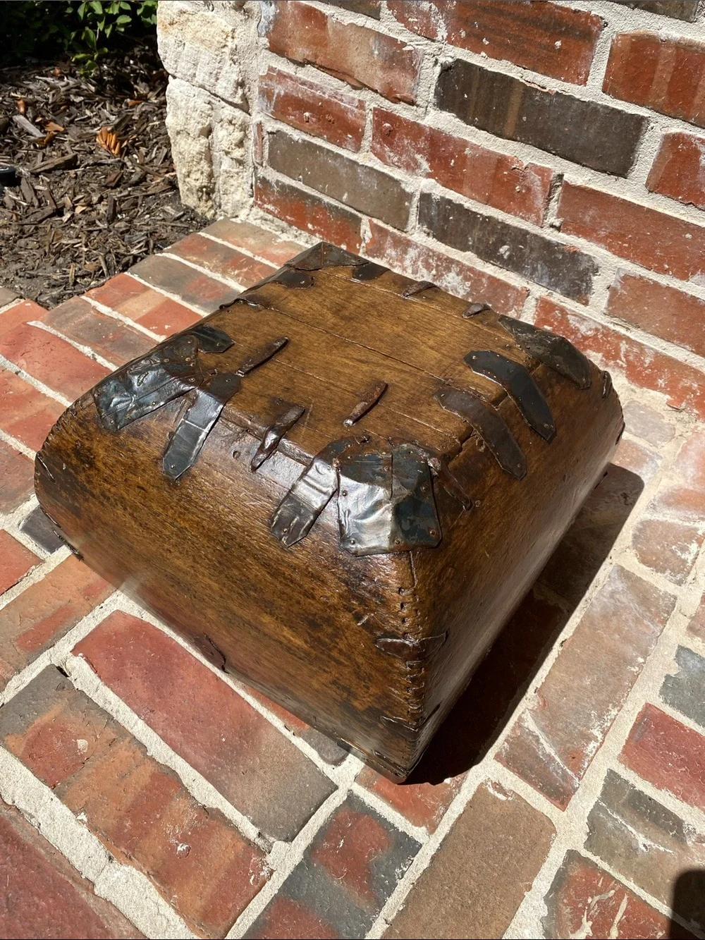Antique Chinese Wooden Rice Measure Basket w/Handle and rustic metal accents
